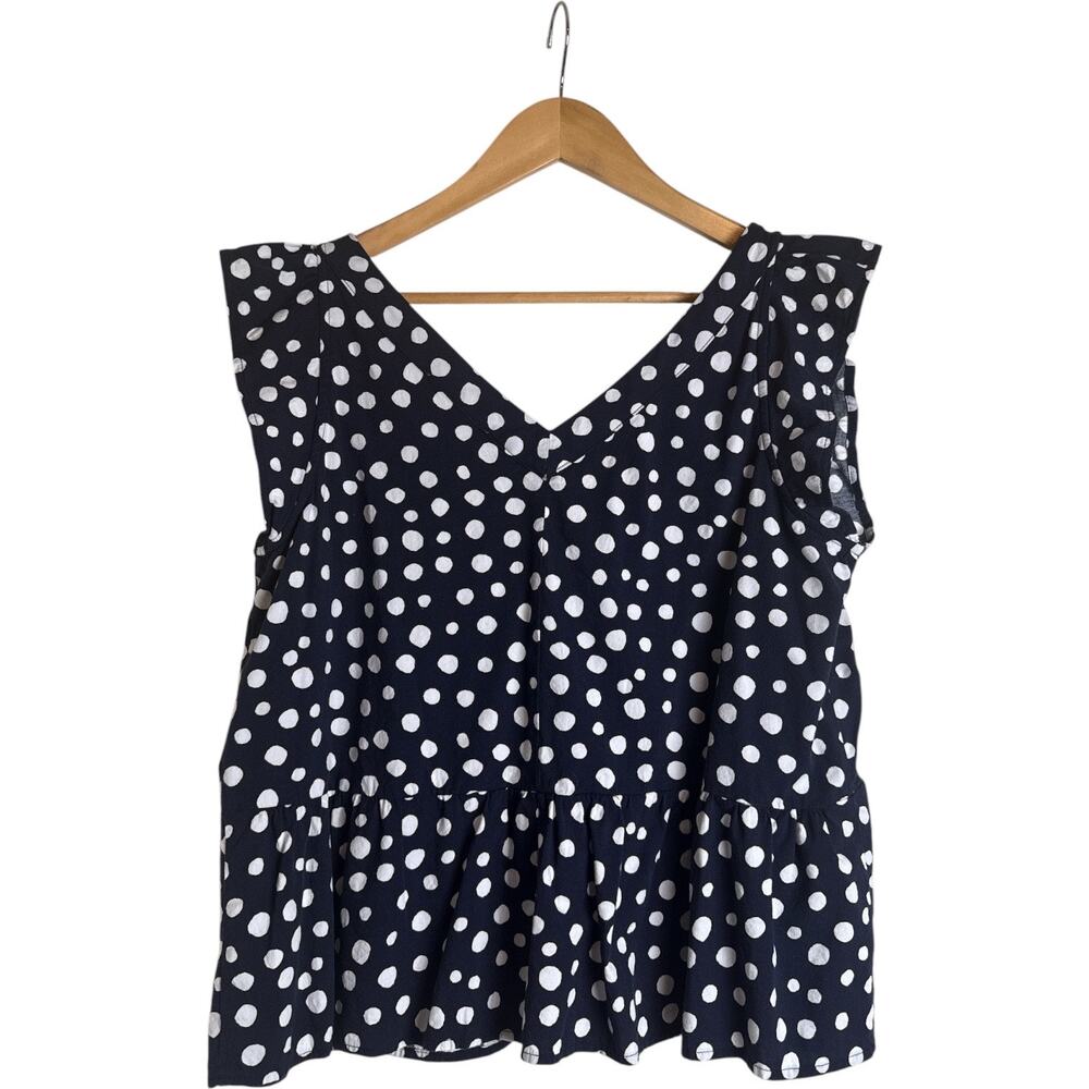 LOFT XL Navy White Dot Ruffle Sleeve V-Neck Peplum Blouse - Picture 5 of 8
